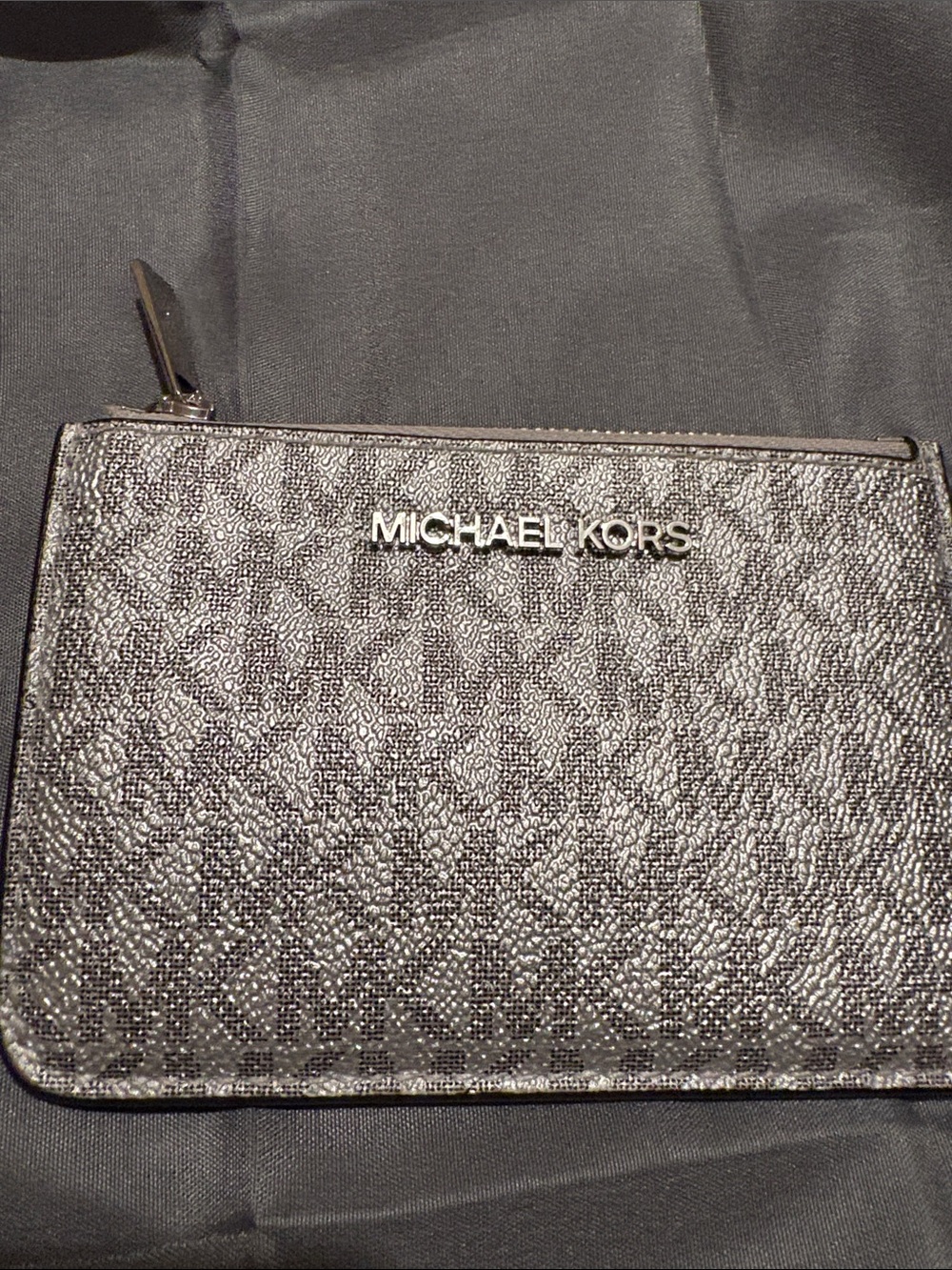 Michael Kors Black Metallic MK Logo Zip Wristlet